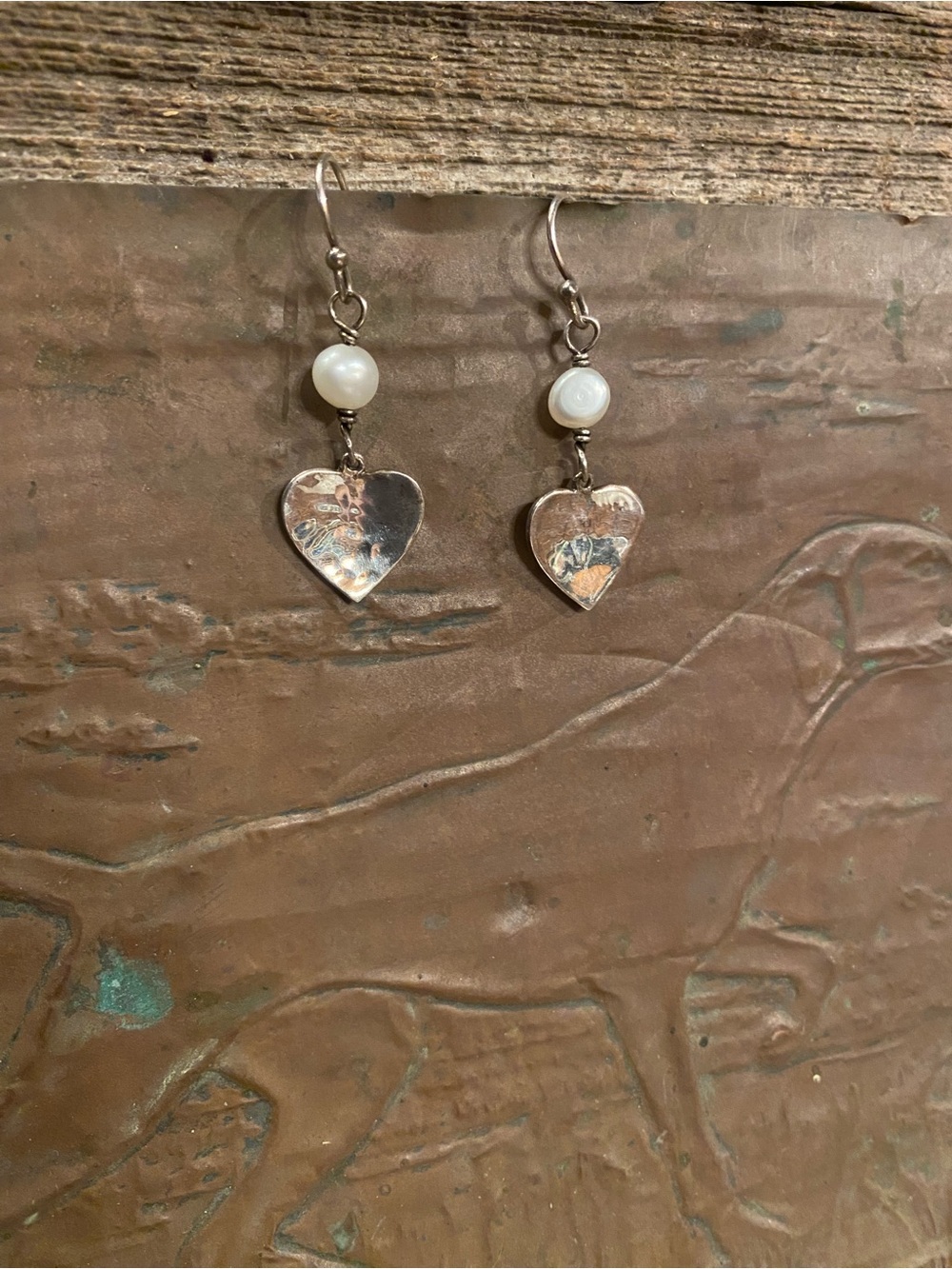 Sterling Heart Drop Earrings with White Pearl Accent